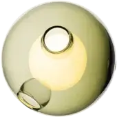 Brass pendant light, olive green glass sphere, circular canopy with reflective finish, diffused lighting, Bocci 28 model.